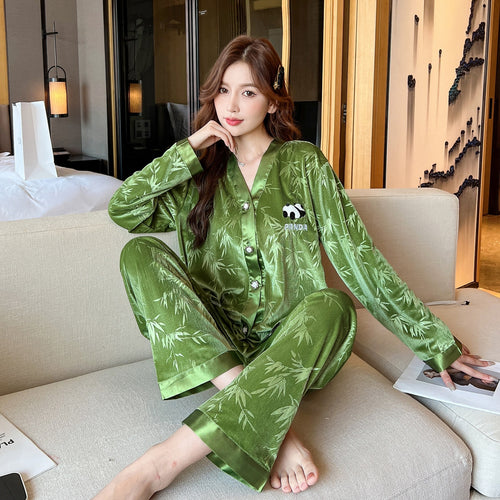 Load image into Gallery viewer, Women&#39;s Pajamas Set Velvet Panda and Bamboo Pattern Sleepwear Casual Homewear V Neck Nightwear Pyjama Femme Petite
