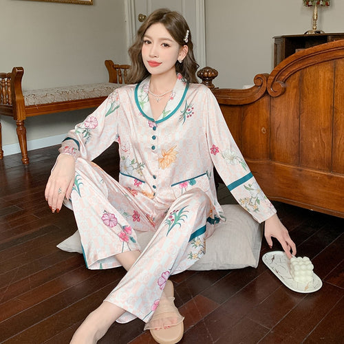 Load image into Gallery viewer, Spring Autumn Silk Like Pajamas Women&#39;s Long Sleeve Pants Fashion Cardigan Flower Print Loose Homewear Two Piece Set
