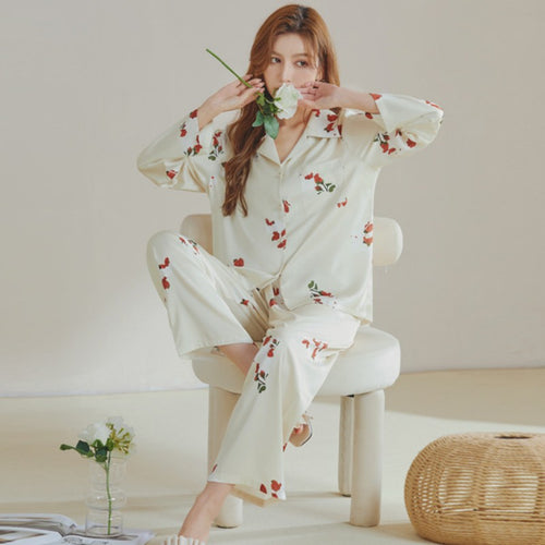 Load image into Gallery viewer, Women&#39;s Pajamas Spring Summer Ice Silk Long-sleeved Pants Two Piece Home Clothes V-neck Printing Cartoon Casual Suit
