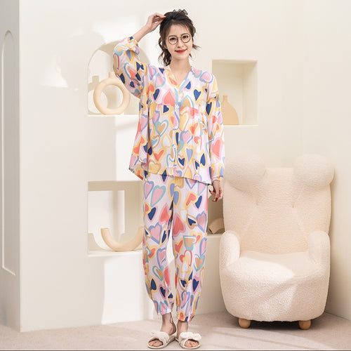 Load image into Gallery viewer, Women&#39;s Spring Summer Thin Cotton Silk Pajamas Ong Sleeved Pants Set Large Size Cardigan Air-conditioned Home Clothing
