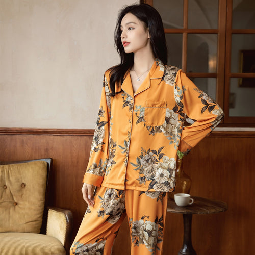 Load image into Gallery viewer, High Quality Women&#39;s Pajamas Set Luxury Golden Floral Print Sleepwear Silky Touch Nightwear Leisure Homewear Femme
