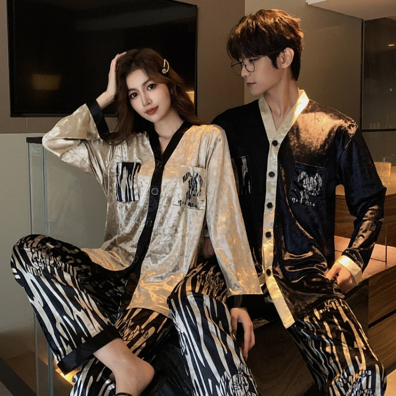 Luxury Printed Silk Pajamas Set For Couple Long Sleeves Sleepwear
