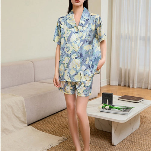 Load image into Gallery viewer, Women&#39;s Imitation Silk Pajamas Summer Gradient Flower Printing Short Sleeved Shorts Home Suit Comfortable Loose Homewear
