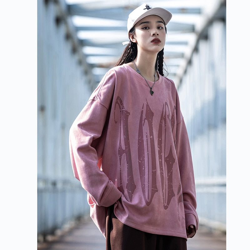 Men Suede Sweatshirts Women Oversized Reflective Letter Pullover Hip Hop Streetwear Harajuku  O-Neck Loose Sweat Shirts Top
