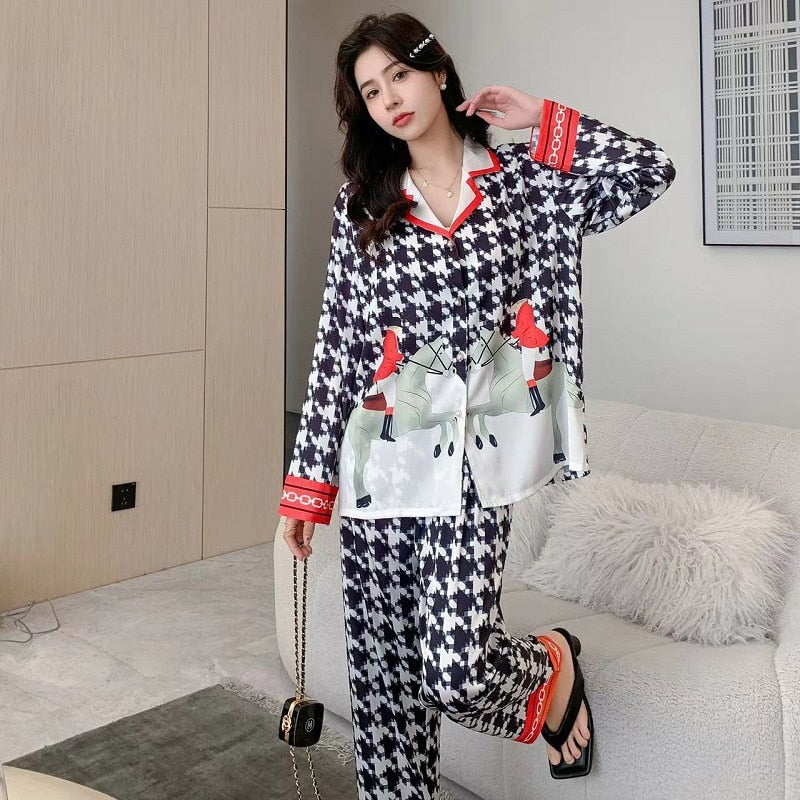 High Quality Women's Silk Like Pajamas Spring Summer Satin Long Sleeve Pants Set Plaid Print Cardigan Lapel Home Clothes