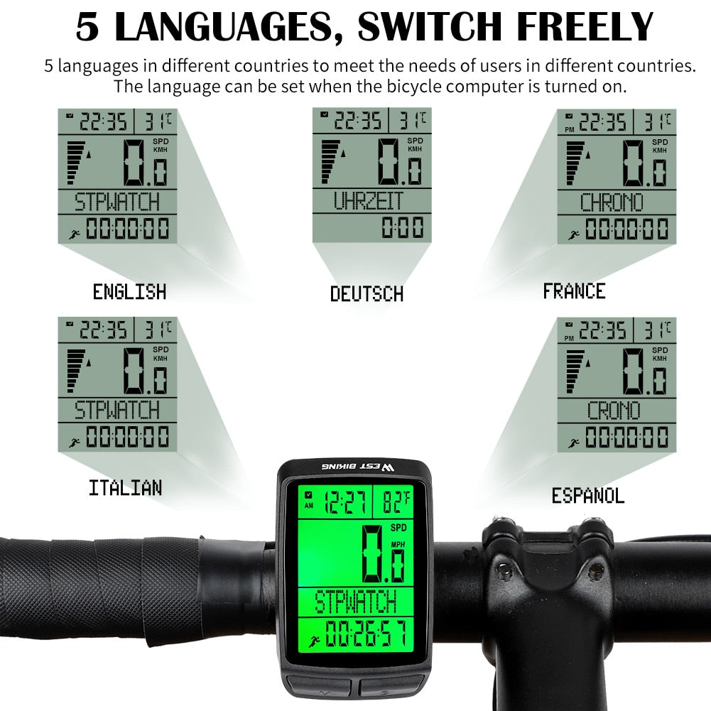 Waterproof 5 Language Bicycle Wireless Computer Cycling Odometer MTB Bike Stopwatch LED Screen Digital Speedometer