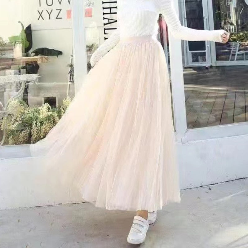 Elegant Women Tulle Skirt  Korean Fashion Mesh White A Line Ladies Pleated Skirt Summer Chic High Waist Black Party Faldas