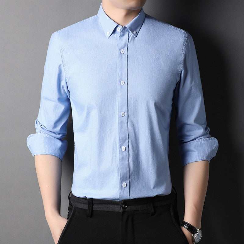 Top Grade 100% Cotton Fashion Brand Designer Slim Fit Button Down Shirts Solid Color Casual Long Sleeve Men Clothing