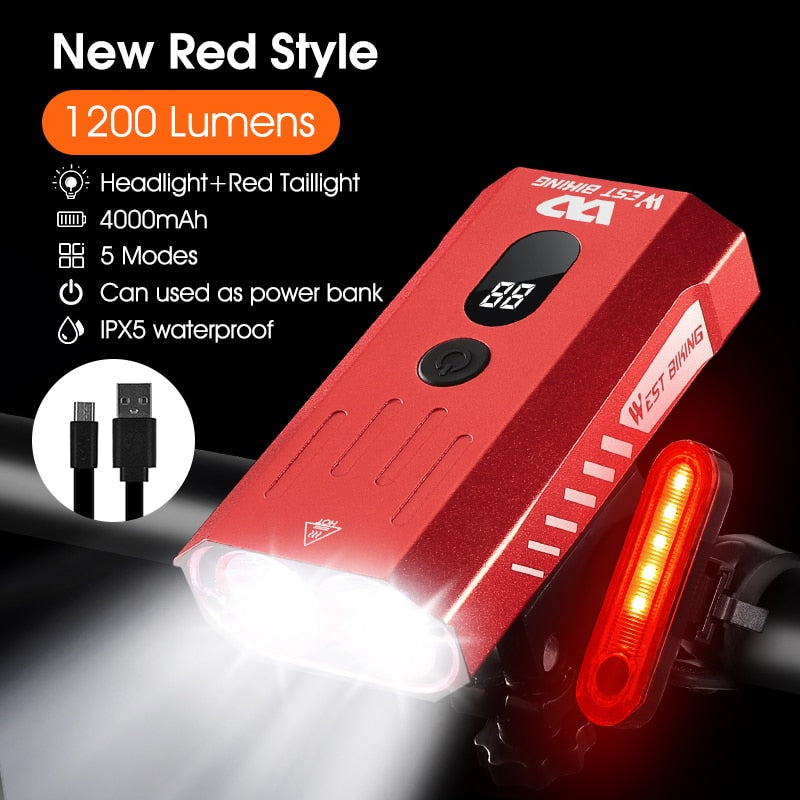 1000LM Bike Light Front Rear Lamp USB Rechargeable LED 4000mAh Bicycle Light Waterproof Headlight Bike Accessories