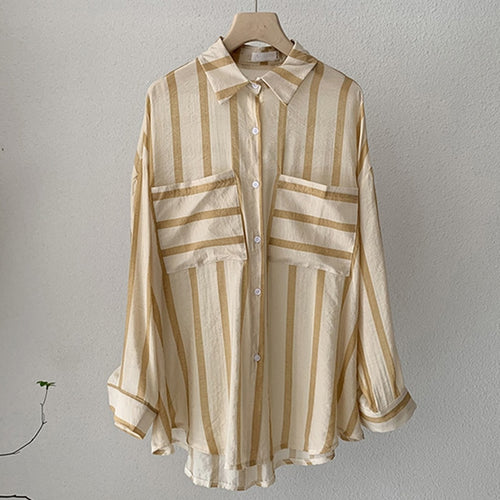 Load image into Gallery viewer, Fashion Striped Women Shirts Loose Korean Long Sleeve Preppy Style Ladies Shirts Casual Pockets Summer Thin Ladies Shirts

