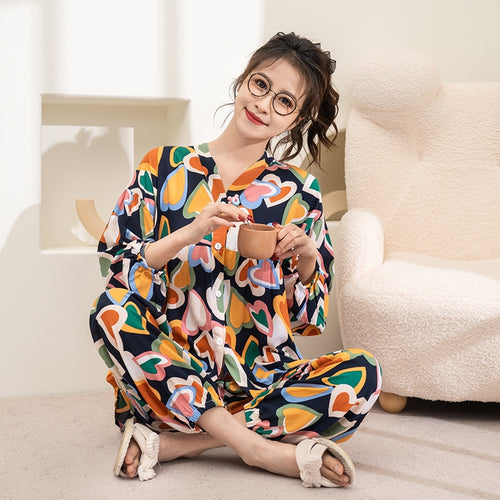 Load image into Gallery viewer, Women&#39;s Spring Summer Thin Cotton Silk Pajamas Ong Sleeved Pants Set Large Size Cardigan Air-conditioned Home Clothing
