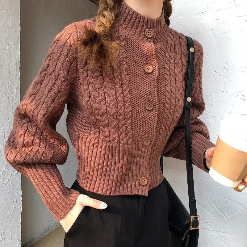 Twisted Fashion Women Cardigan Sweater Fall Casual Stand Collar Button Up Female Knitted Short Coats Student Slim Tops