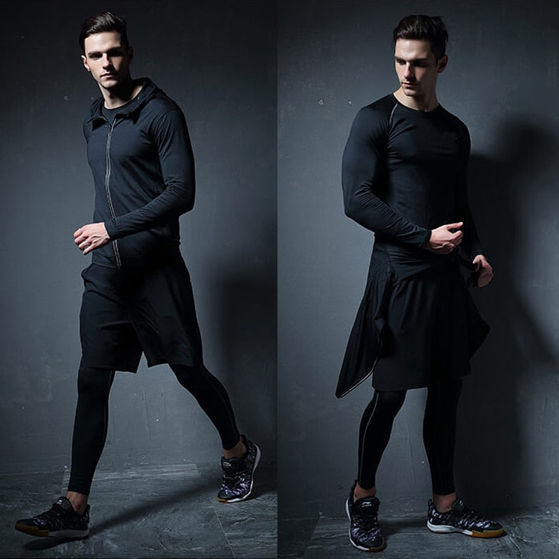 Mens Compression Sportswear Set Gym Running Sport Clothes Tight T-shirt Lycra Leggings Athletics Shorts Fitness Rash Guard Kits v1