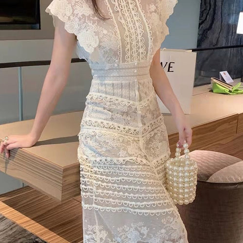 Load image into Gallery viewer, Solid Embroidery Summer Fashion Dresses For Women Round Neck Sleeveless Lace Mesh Dress Female Fashion Clothes
