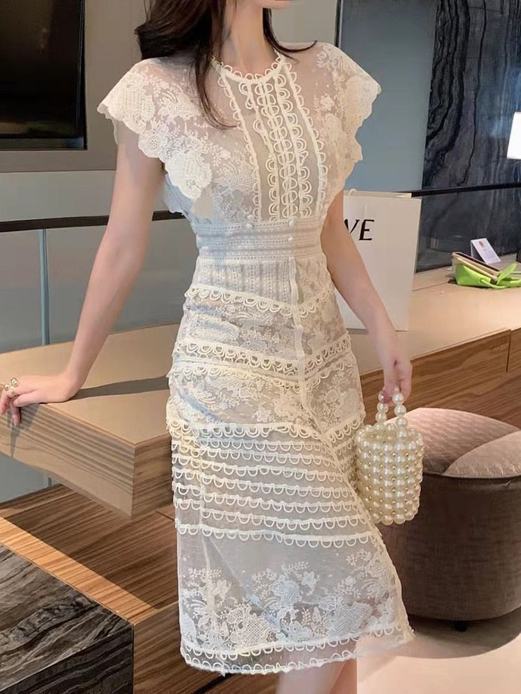 Solid Embroidery Summer Fashion Dresses For Women Round Neck Sleeveless Lace Mesh Dress Female Fashion Clothes