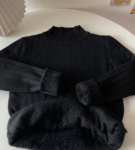 Warm Plus Women Sweater Thick Winter Knitted Pullover Jumper Slim Half Turtleneck White Fashion Casual Korean Basic Tops