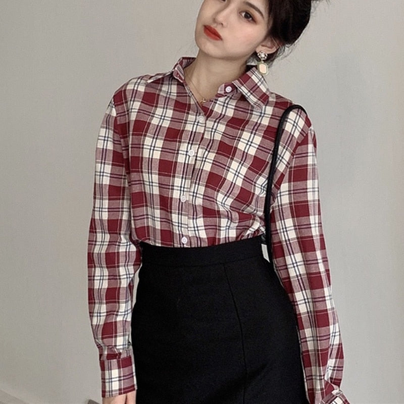 Fashion Plaid Women Shirt Elegant Spring New 2022 Button Up Office Ladies Top Red Long Sleeve Korean All Match Female Shirt