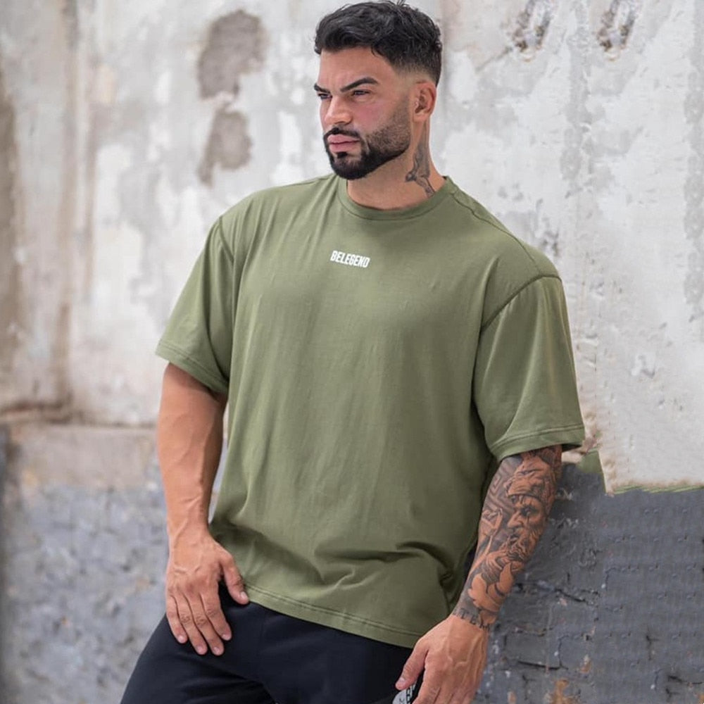 Cotton Casual T-shirt Men Short Sleeve Loose Tees Shirt Male Gym Fitness Wear Tops Summer Sport Training Crossfit Clothing