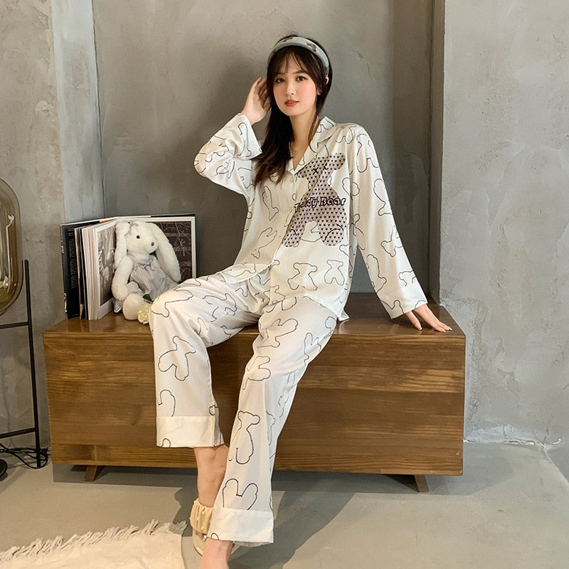Satin Chiffon Women's Pajamas Spring Autumn Thin Long Sleeve Pants Two Piece Set Fashion Loose Casual Home Clothing
