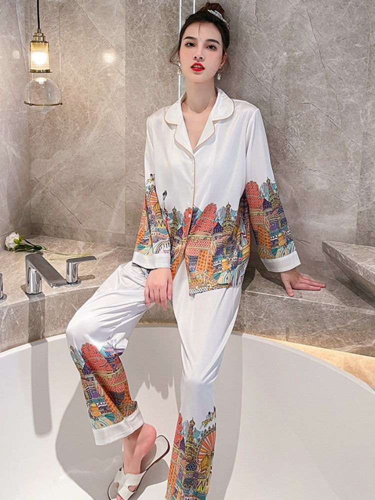 Fashion Women Cardigan Pajamas Spring Autumn Comfortable Imitation Silk Loose Sleepwear Long Sleeved Pants Two Piece Set