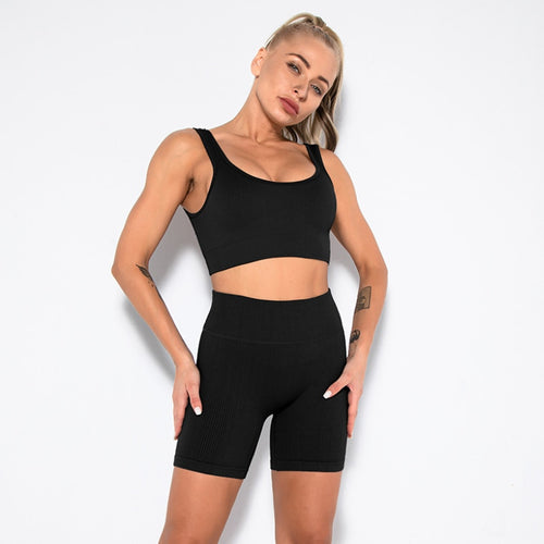 Load image into Gallery viewer, 2 Piece Gym Set Women Seamless Leggings Sports Bra Workout Shorts Set Fitness Crop Top Running Outfit Suit Tracksuit Clothing

