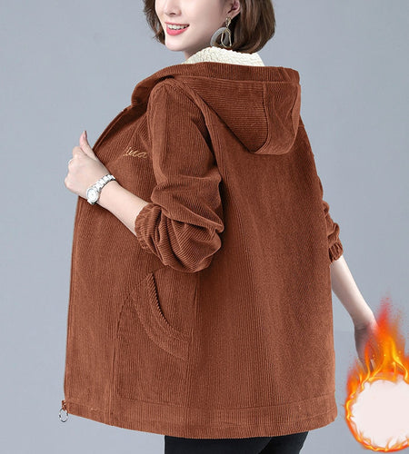Warm Women Corduroy Coat Winter Thick Vintage Large Size Pocket Zipper Female Jacket Hooded Loose Long Sleeve Lady Clothes