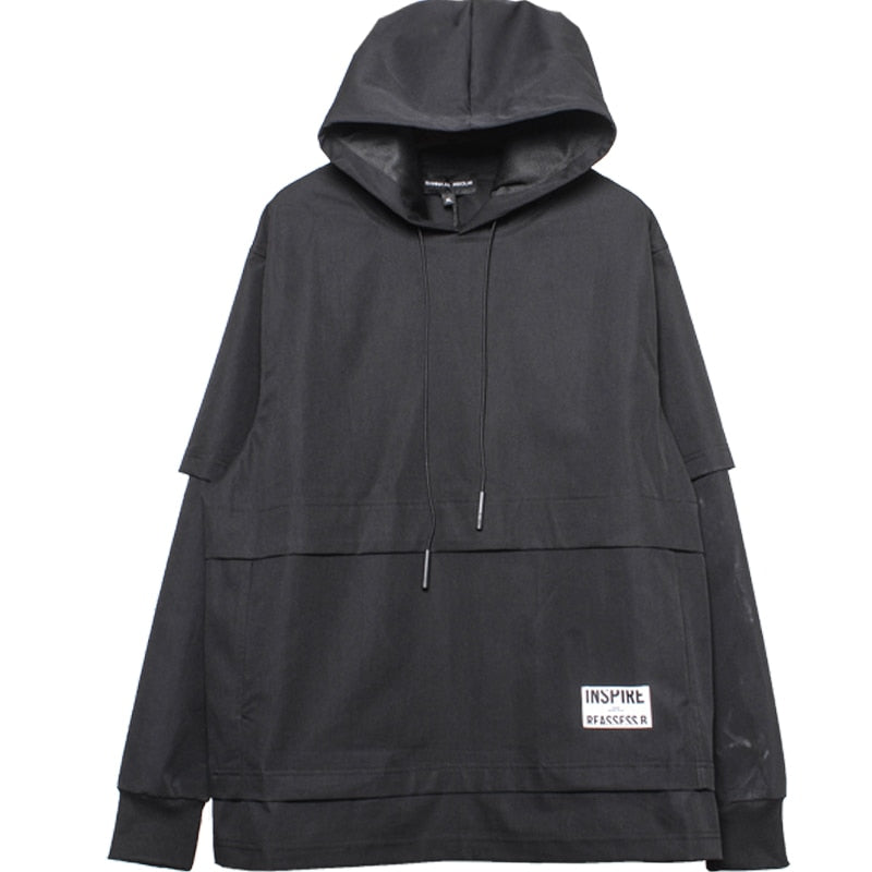 Men Fake two Hoodies Hip Hop Streetwear Harajuku Black Splicing Sweatshirt Pullover Men Fashion Hoodie Techwear