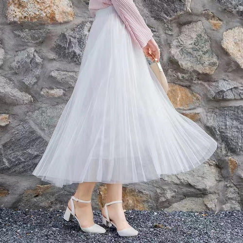 Load image into Gallery viewer, Elegant Women Tulle Skirt  Korean Fashion Mesh White A Line Ladies Pleated Skirt Summer Chic High Waist Black Party Faldas
