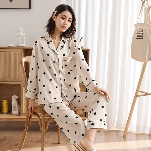 Load image into Gallery viewer, Satin Polka Dot Pajamas Women&#39;s Spring Autumn Thin Long Sleeved Pants Two-piece Set Fashion Casual Home Clothing
