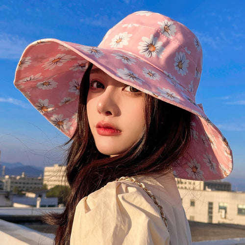 Load image into Gallery viewer, Summer Hats For Women Fashion Wide Brim Daisy Flower Print Design Sun Hat Sun Protection Travel Beach Bucket Hat
