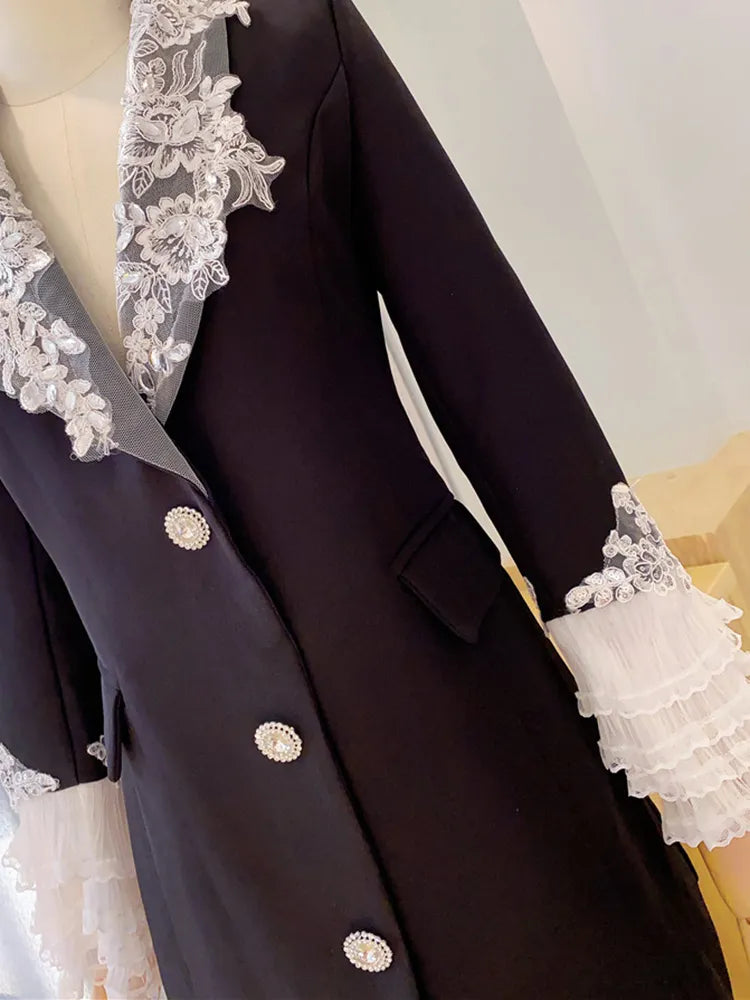 Patchwork Lace Blazers For Women Notched Collar Long Sleeve Loose Spliced Button Casual Blazer Female Fashion