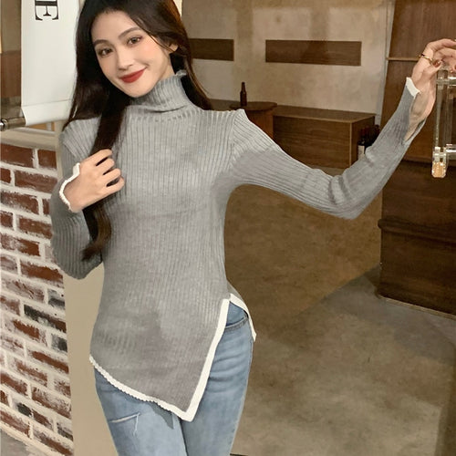 Load image into Gallery viewer, Pullover Turtleneck Sweater Split Fork Fashion Spring Knitted Jumper Simple Elastic Soft Long Sleeve Female Tops
