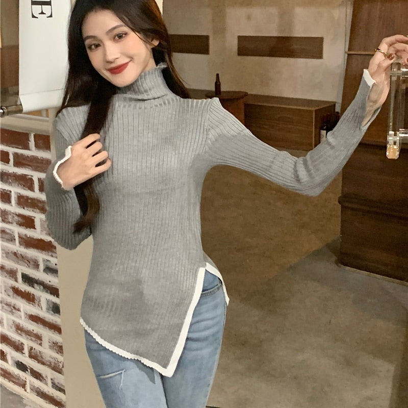 Pullover Turtleneck Sweater Split Fork Fashion Spring Knitted Jumper Simple Elastic Soft Long Sleeve Female Tops