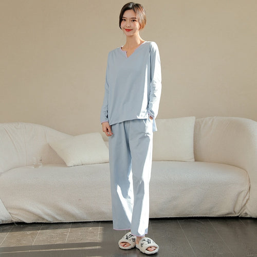 Load image into Gallery viewer, Women&#39;s Pajamas Set Simple Solid Color Pure Cotton Sleepwear V Neck Nightwear Casual 2pcs Homewear Nightie Femme
