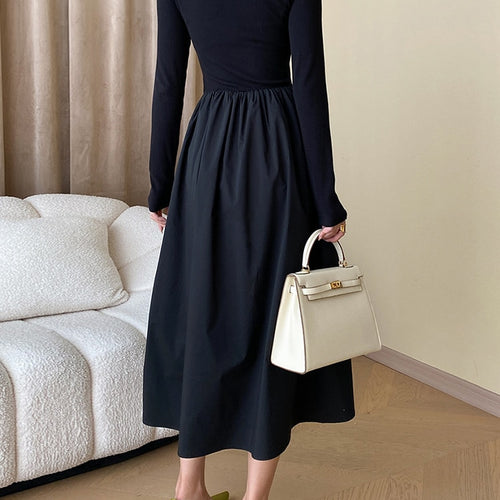 Load image into Gallery viewer, Patchwork Folds Solid Dresses For Women Round Neck Long Sleeeves High Waist Hollow Out A Line Dress Female Fashion
