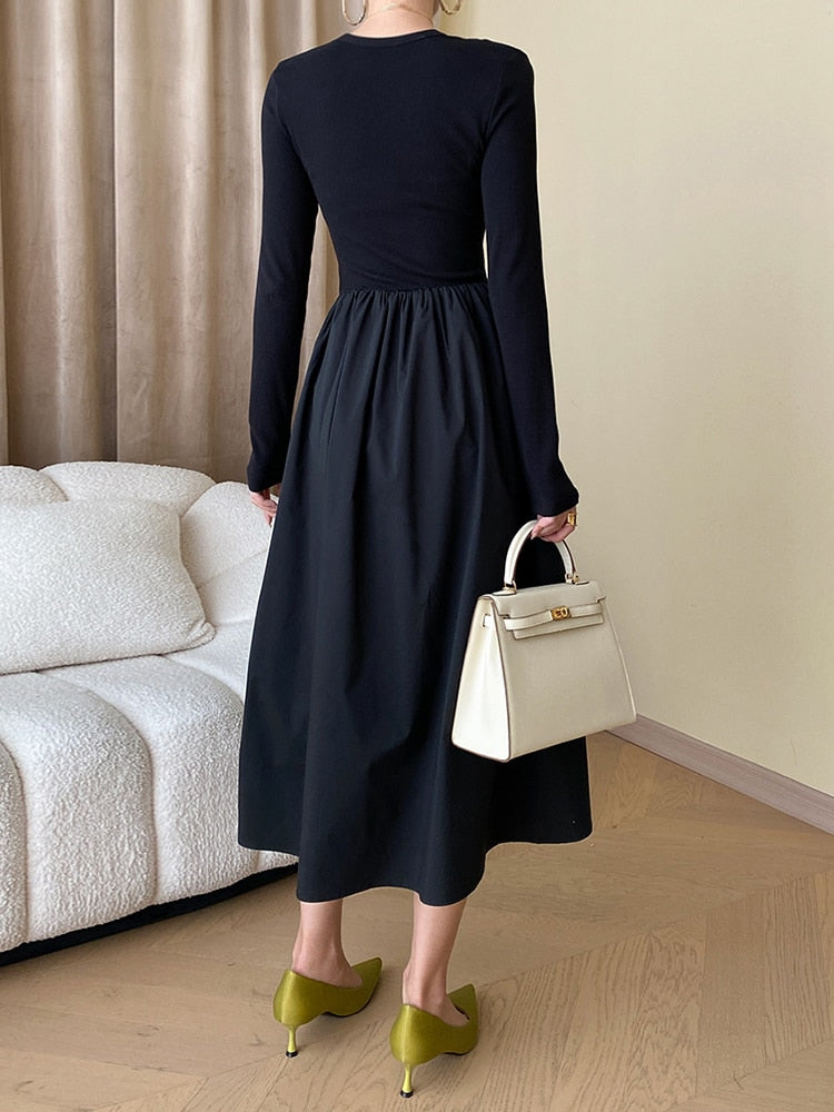 Patchwork Folds Solid Dresses For Women Round Neck Long Sleeeves High Waist Hollow Out A Line Dress Female Fashion