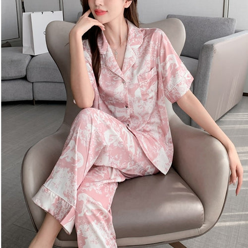 Load image into Gallery viewer, Women Pajamas Short Sleeve Pants Two Piece Set Summer Silk Thin Lapels Sweet Cardigans Large Size Casual Home Clothing
