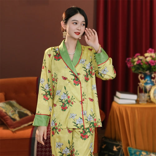 Load image into Gallery viewer, Luxury Homewear Women Imitation Silk Pajamas Satin Nightwear Fashion Flower Printed Long Sleeve Pants Home Clothing Set
