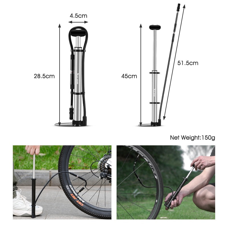 Super Long Hose Bike Pump Mini Portable Bicycle Foot Pump with Pressure Gauge Presta & Schrader Valve Cycling Fork Tire Air Pump