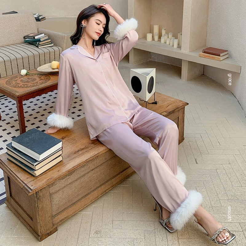 Luxury Pajamas Women's Spring Summer Feather Splicing Satin Chiffon Home Clothes Female Casual Long Sleeve Sleepwear Set
