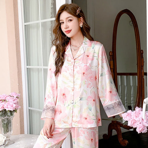 Load image into Gallery viewer, Luxury Women&#39;s Pajamas Thin Cool Simulation Silk Lapel Long Sleeve Home Clothing Set Satin Chiffon Leisure Homewear
