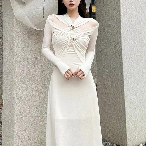 Load image into Gallery viewer, Knitting White Dresses For Women V Neck Long Sleeve High Waist Hollow Out Slim Dress Female Summer Clothing
