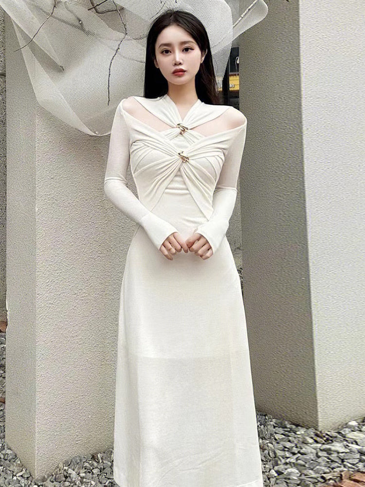 Knitting White Dresses For Women V Neck Long Sleeve High Waist Hollow Out Slim Dress Female Summer Clothing