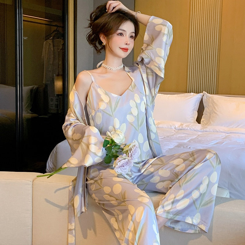 Women's Pajamas 3 Pieces Set Floral Print Kimono Robe Sling Camisole Long Pants Silk Like Sleepwear Homewear Petite