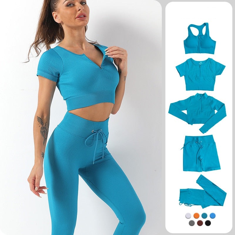 Seamless Yoga Wear Women's Zip Tight Sports Bra Hip Lift Drawstring Fitness Pants Yoga Suit workout set  gym