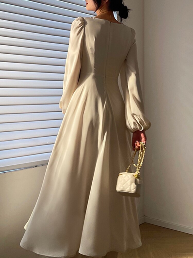 Elegant Dress For Women V Neck Lantern Sleeve High Waist Solid Ruched Minimalist Midi Dresses Female Clothing Style