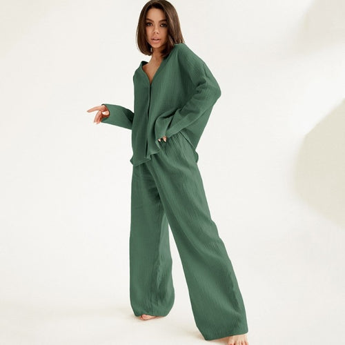 Load image into Gallery viewer, V-neck Long-sleeved Pajamas Women&#39;s Cotton Linen Home Suit Fashion Loose Shirt High Waist Wide Leg Pants Two-piece Set
