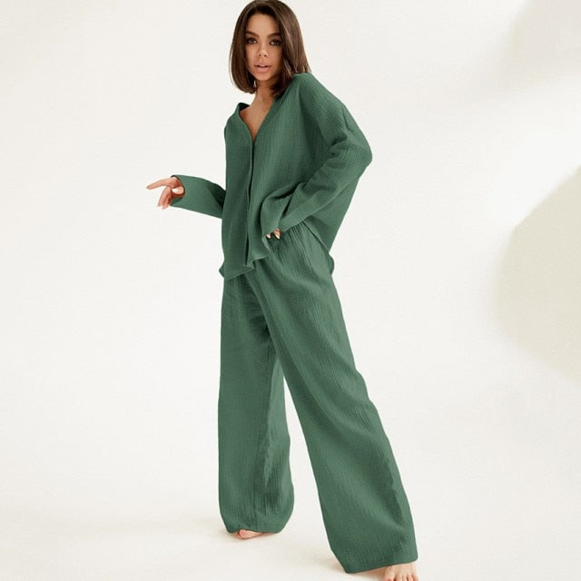 V-neck Long-sleeved Pajamas Women's Cotton Linen Home Suit Fashion Loose Shirt High Waist Wide Leg Pants Two-piece Set