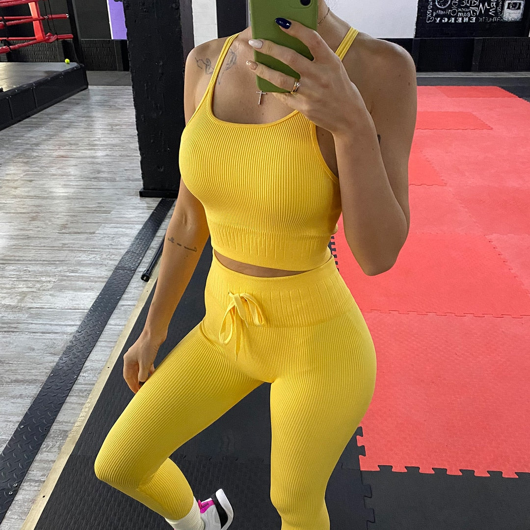 Yoga Set Women's Sportwear Tops High Neck Vest Drawstring Leggings Shorts Running Sports Pants Workout Outfit Gym Clothing A0641