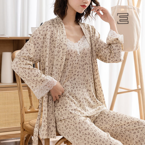 Load image into Gallery viewer, Fashion Leopard Print Pajamas Women Sexy Long Sleeve Suspender Dress Pants Three Piece Set Casual Comfort Home Clothing
